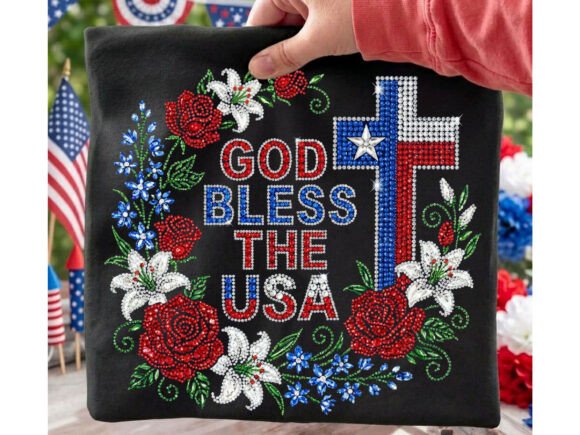 God Bless USA Floral Rhinestone T-Shirt Designs